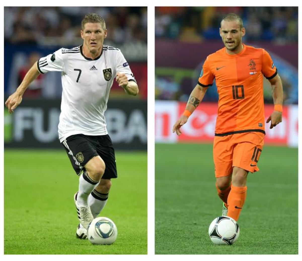 El alemán Bastian Schweinsteiger y el holandés Wesley Sneijder estarán hoy frente a frente en la Eurocopa. AP