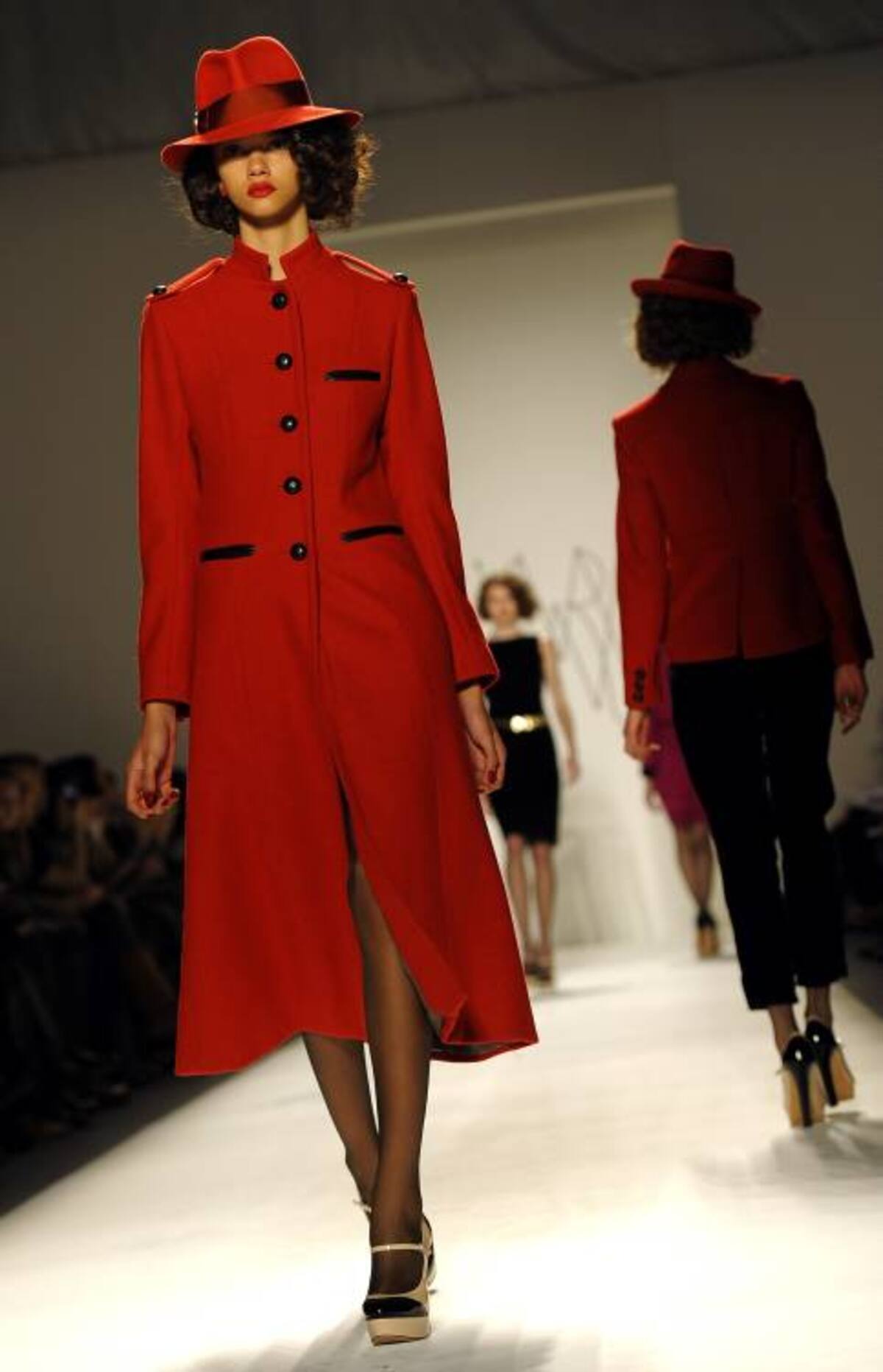 A model displays an outfit during the Ruffian runway show at Lincoln Center during the Fall 2012 Mercedes Benz Fashion Week February 11, 2012 in New York. AFP PHOTO / TIMOTHY A. CLARY