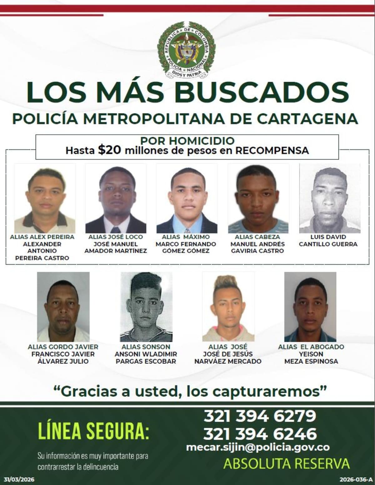 20 millones de recompensa por los más buscados por homicidio en Cartagena.