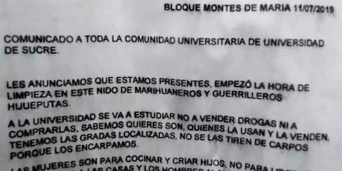 Con panfleto amenazan a líderes de los estudiantes de la Universidad de Sucre