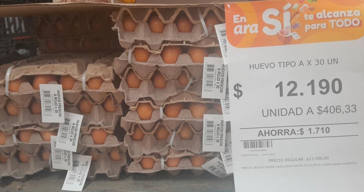 En supermercados las reducciones en el precio del huevo son notorias. Se consigue el cartón de 30 unidades hasta en $11.000. // HFA -EU.