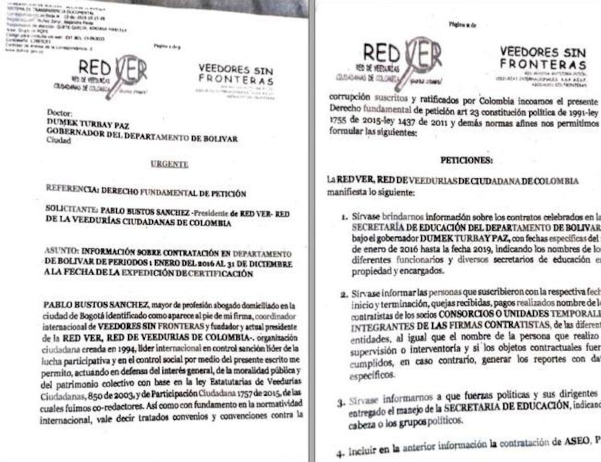 Derecho de petición radicado por la veeduría Red Ver ante la Gobernación,