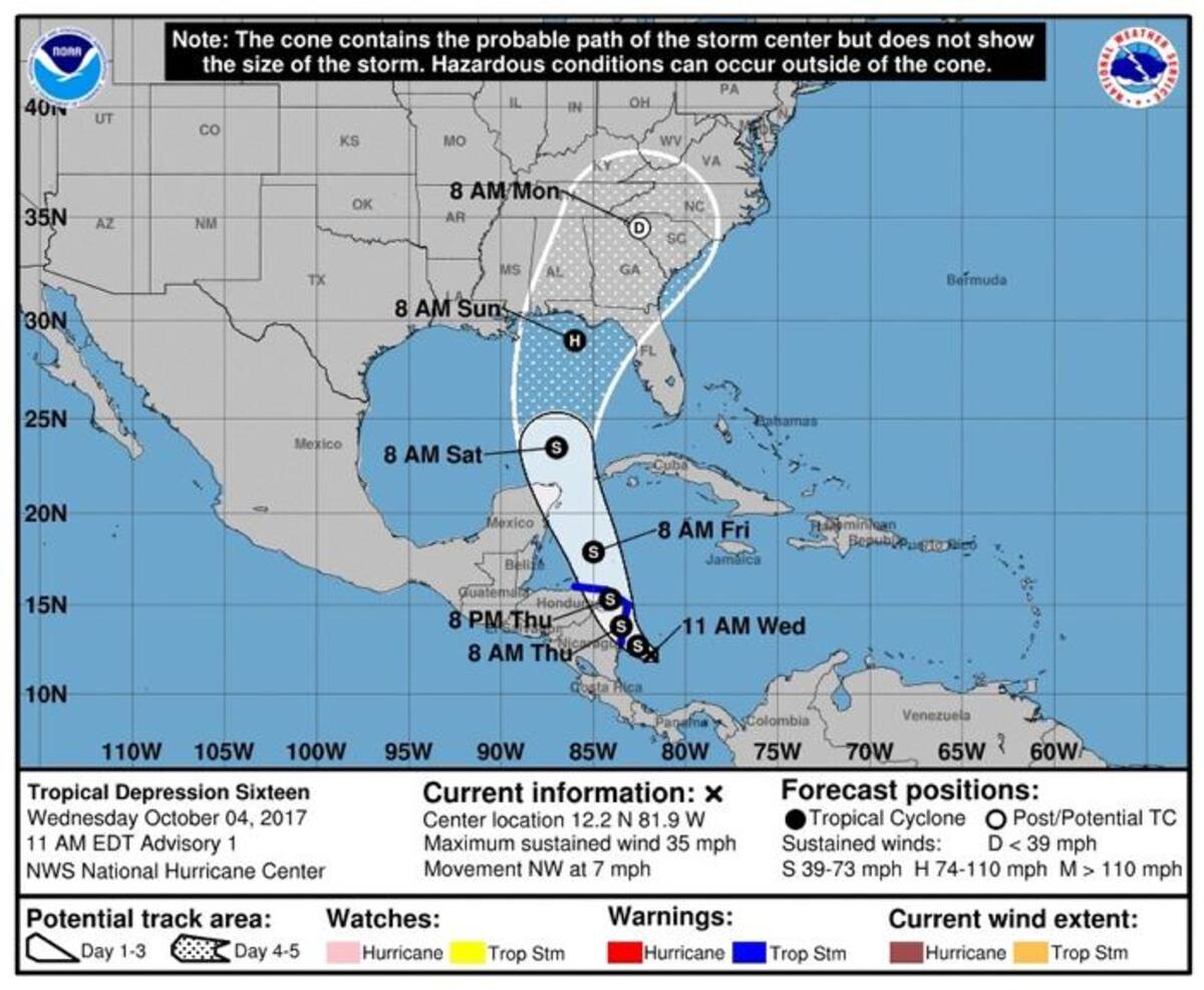 Trayectoria de tres días de la décimo sexta depresión tropical formada en el mar Caribe. EFE NOAA/NHC