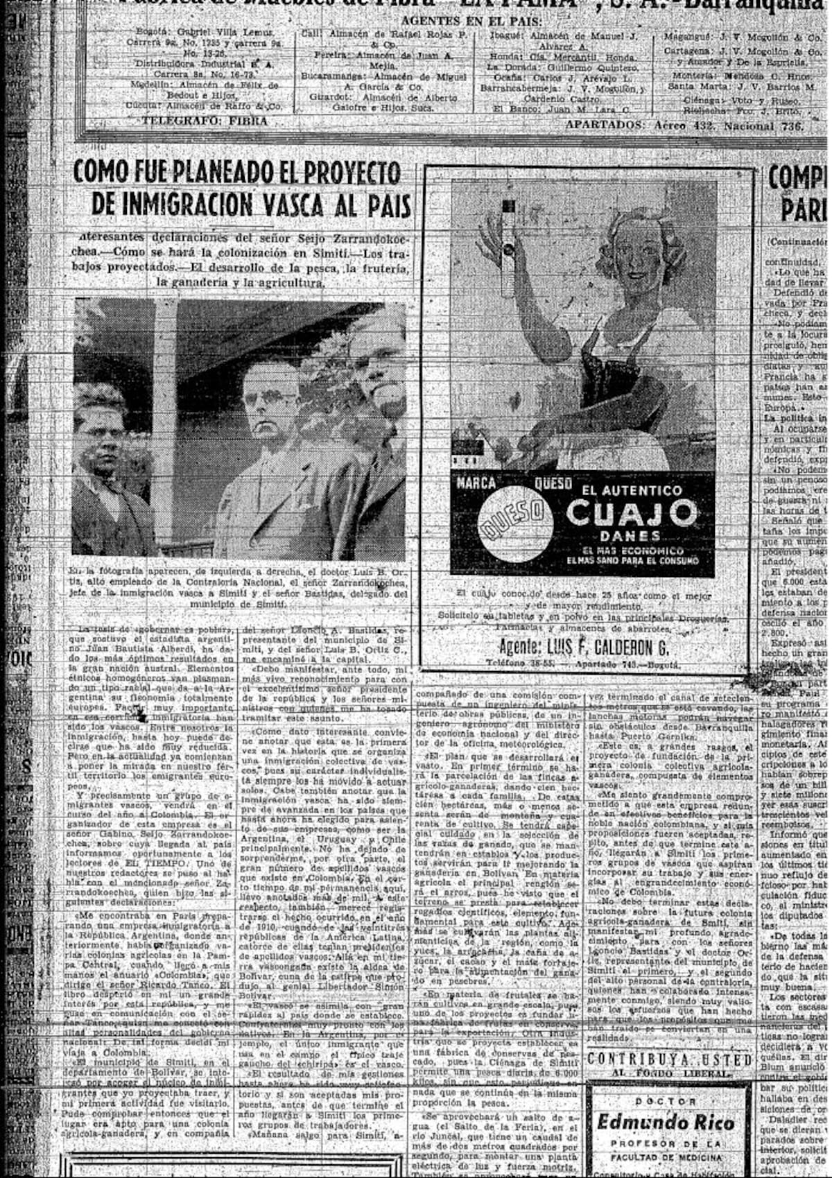 Declaraciones de Gabino Zarrandicoechea en El Tiempo de Bogotá sobre la inmigración a Simití.