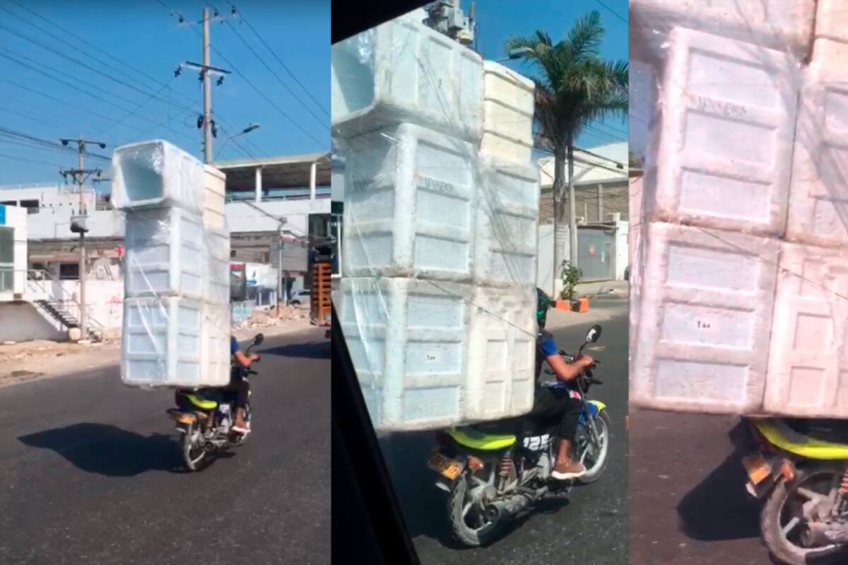¡Qué locura! Motocicleta carga más de 2 metros de icopor en plena Crisanto Luque