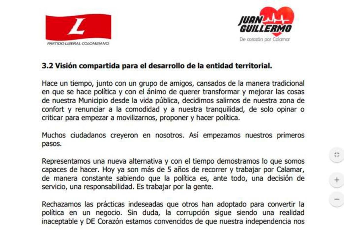 Imagen del programa de Gobierno, presentado por el candidato a la Alcaldía de Calamar, Juan Guillermo Hernández.
