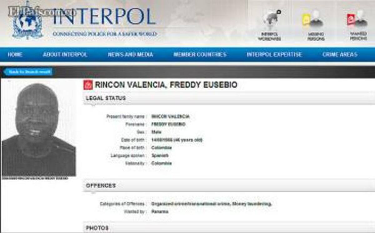 Orden internacional de captura de Interpol contra Fredy Rincón. COLPRENSA