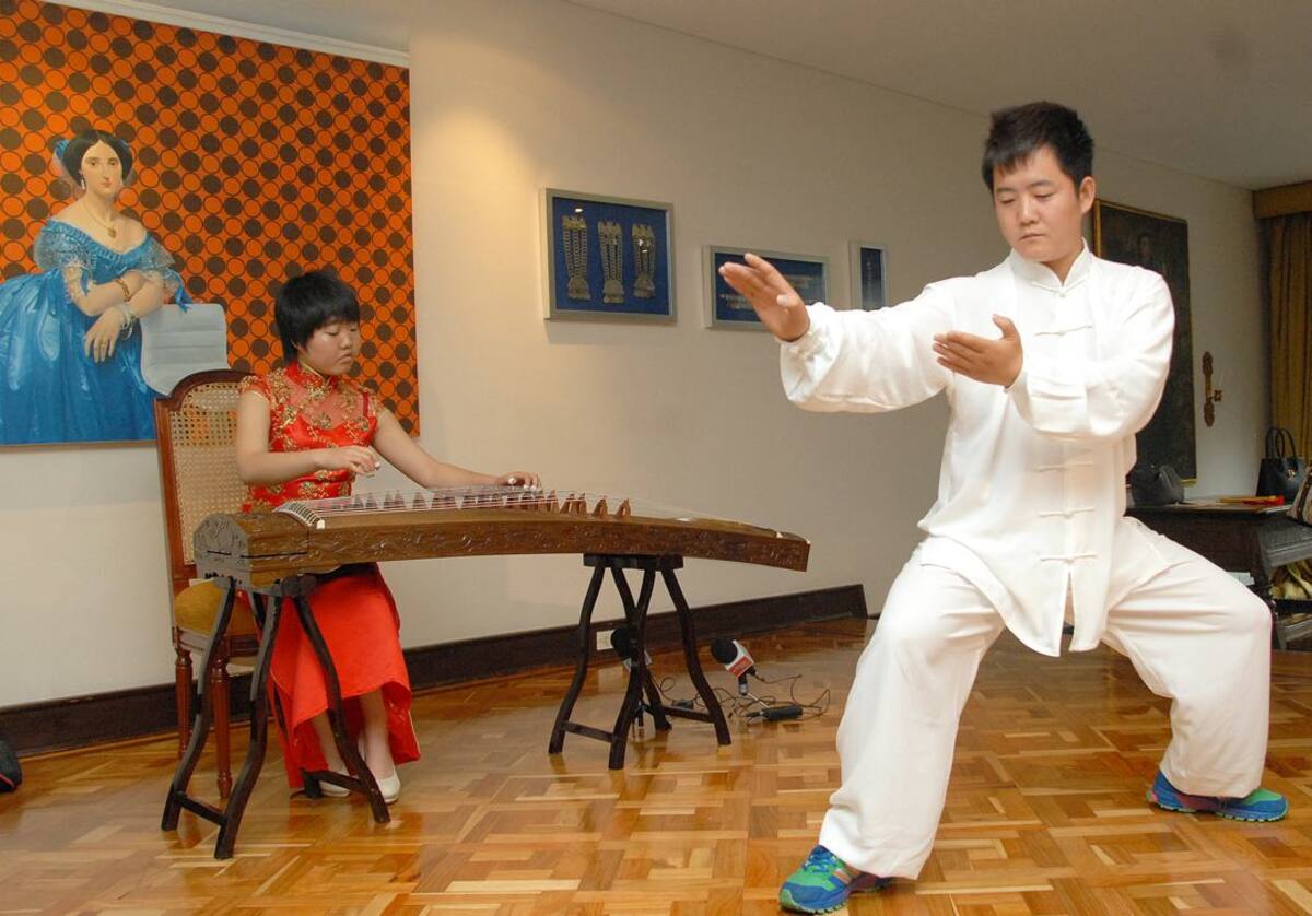 Zhang Di, China, tocando citara y su hermano, Zhang Xu, haciendo una demostración de Tai Chi.