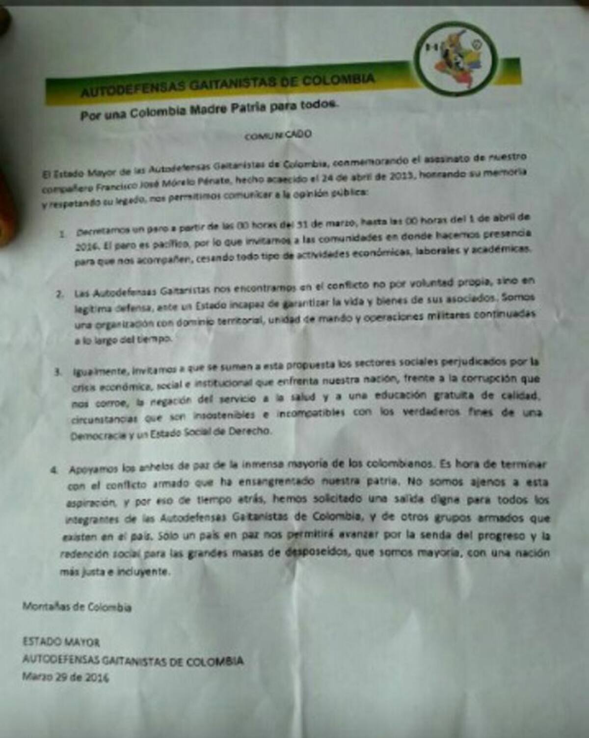 Panfleto que causó temor en varias poblaciones cordobesas.