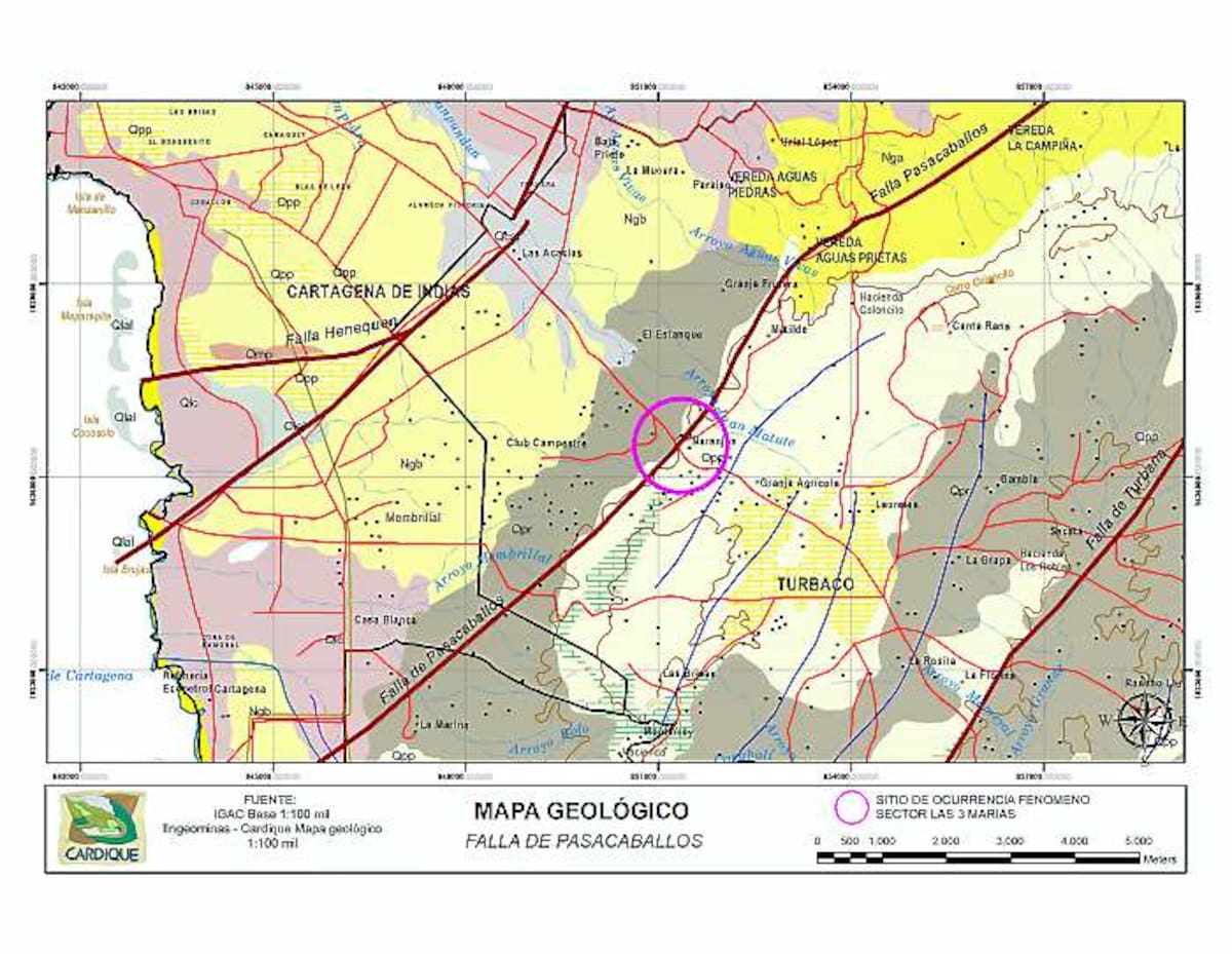Mapa donde se muestran las Falles de Pasacaballos y Turbana, y el sitio de la emergencia. Cortesía