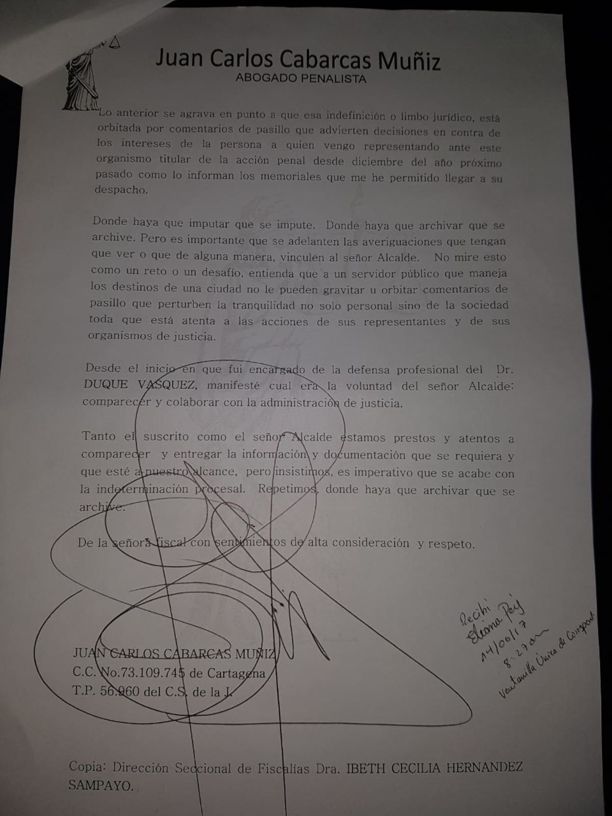 Segunda hoja del oficio radicado en la Fiscalía por parte del abogado defensor de Manolo Duque. Cortesía