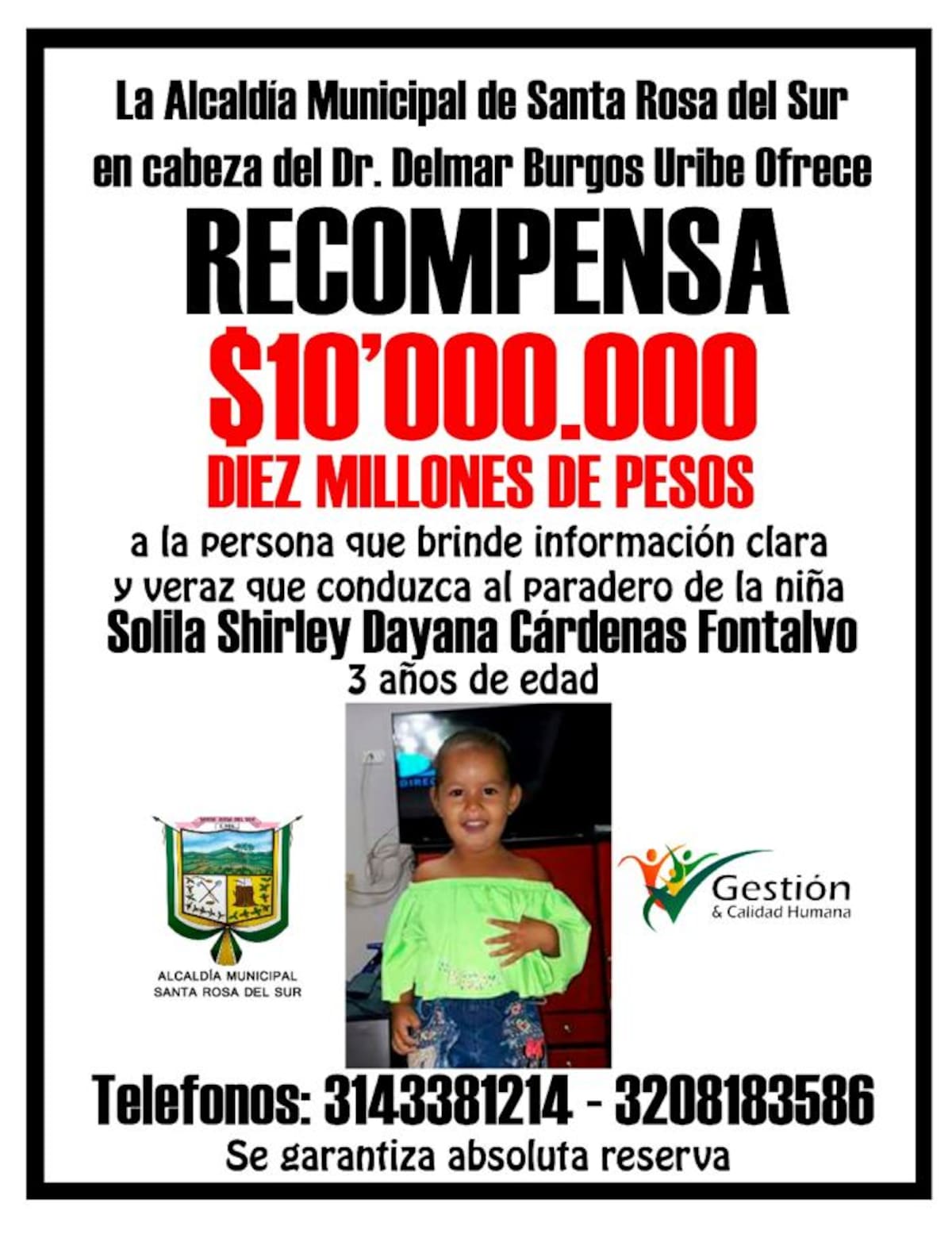 La comunidad de Santa Rosa del Sur exige la liberación de la niña. Cortesía.