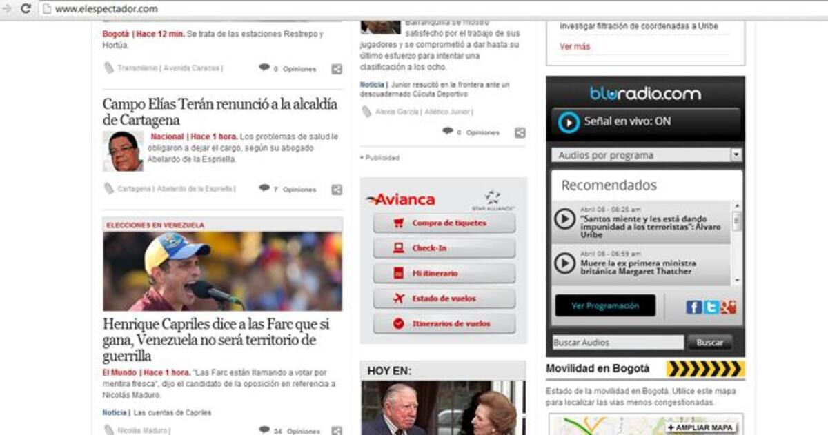 Página web de El Espectador. CORTESÍA