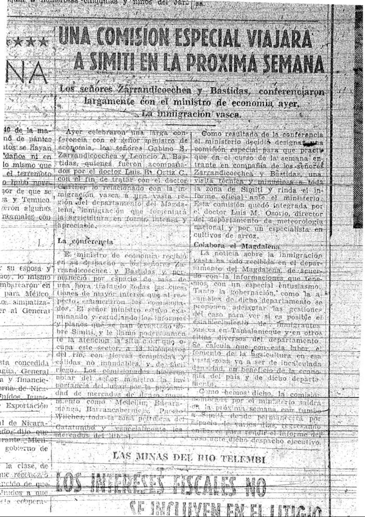 Noticia de la visita a Simití de los delegados vascos para tratar el tema de la inmigración.