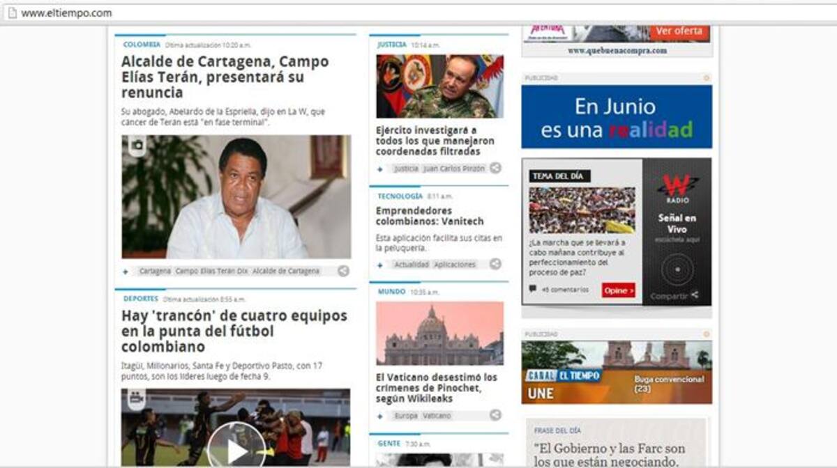 Página web del periódico El Tiempo.