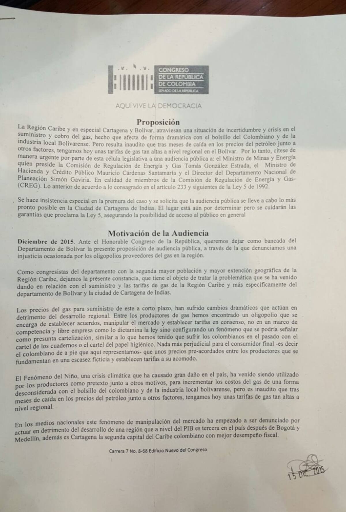Documento firmado por los congresistas costeños. CORTESÍA