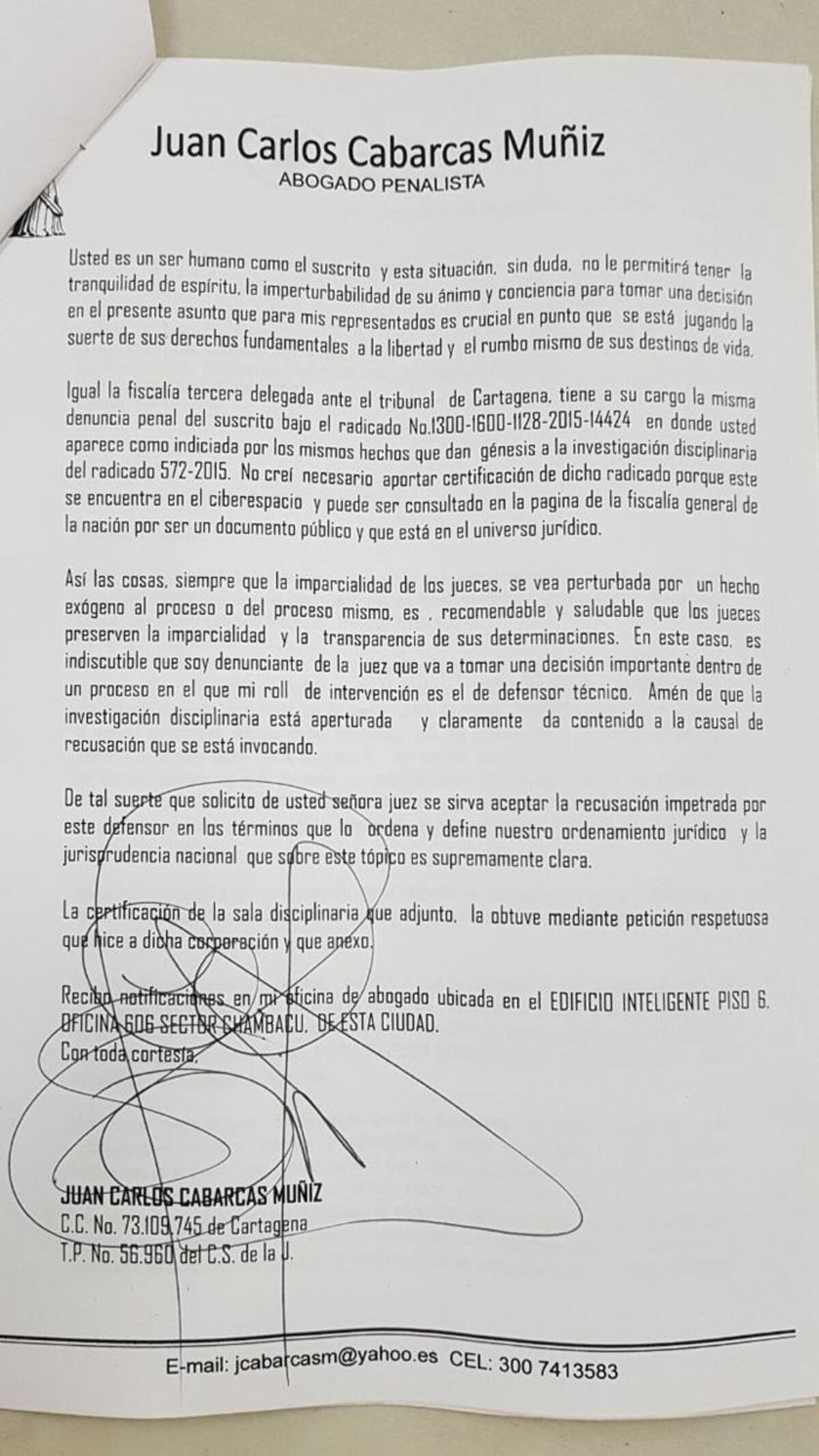 Texto de la recusación contra la juez tercero penal (Página 2) Cortesía