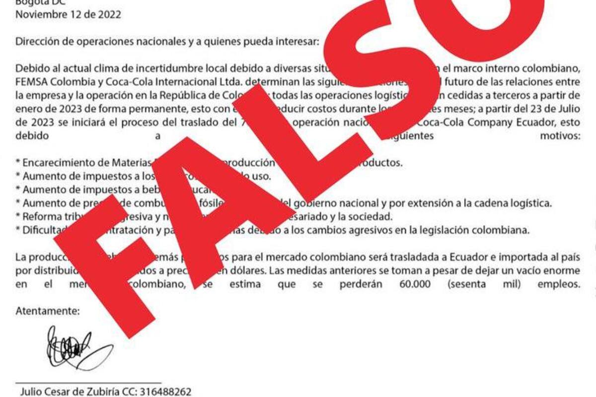 Comunicado de Coca Cola anunciando que se va de Colombia es falso
