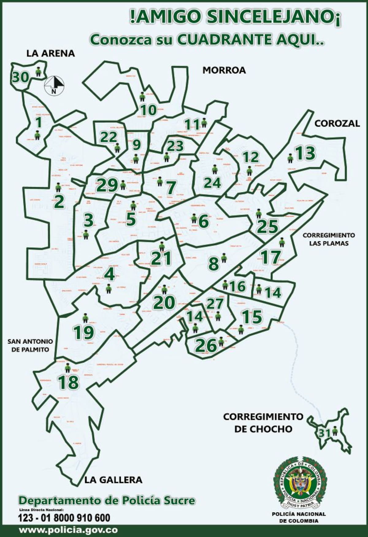 Mapa de Sincelejo dividido por cuadrantes.