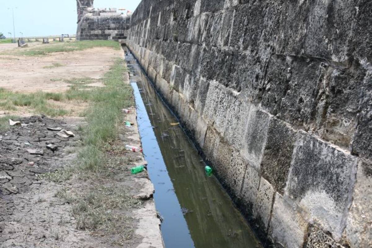 Aguas estancadas en costado de la muralla emanan malos olores. FOTO: CRISTIAN AGAMEZ - EL UNIVERSAL