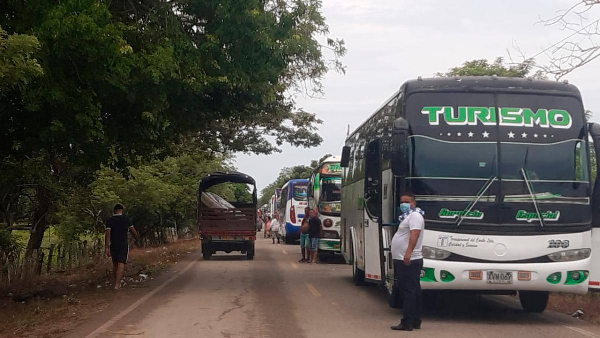 Fila de buses en la vía a Playa Blanca. // Luis Herrán.