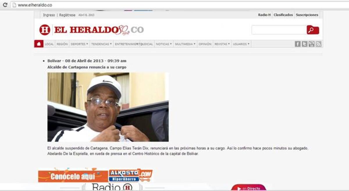 Página web del periódico EL Herealdo. CORTESÍA