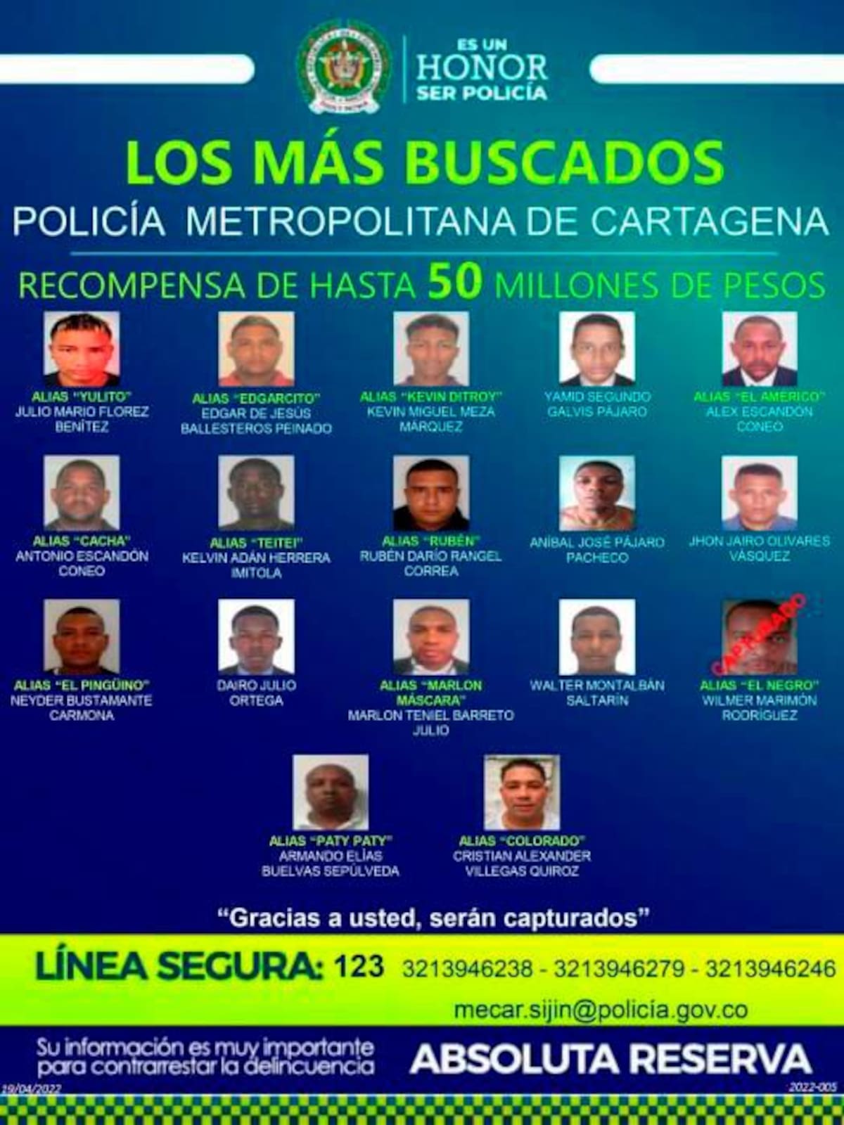 Cartel de los más buscados en Cartagena.