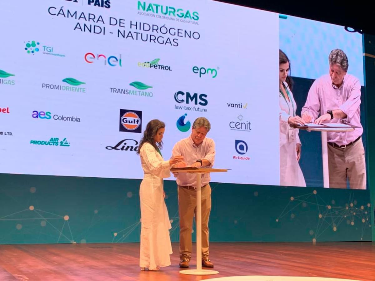 En la firma de la alianza, Luz Stella Murgas, presidenta de Naturgas; y Bruce Mac Master, presidente de la ANDI. //Cortesía Andi.