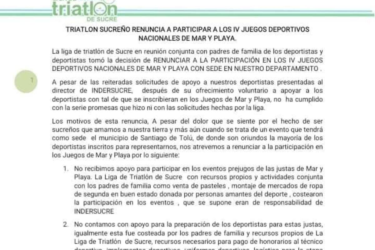 Triatlón sucreño renunció a los IV Juegos de Mar y Playa