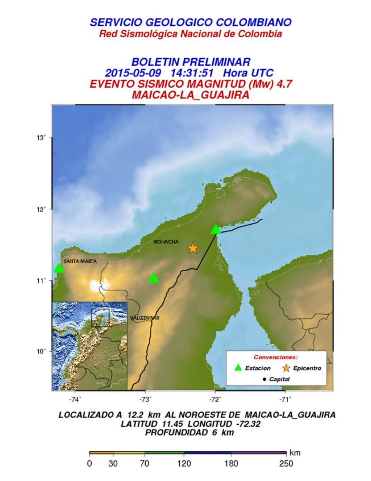 Un sismo de 4.7 de magnitud sacudió a la La Guajira. Su epicentro estuvo cerca de Maicao. Ingeominas