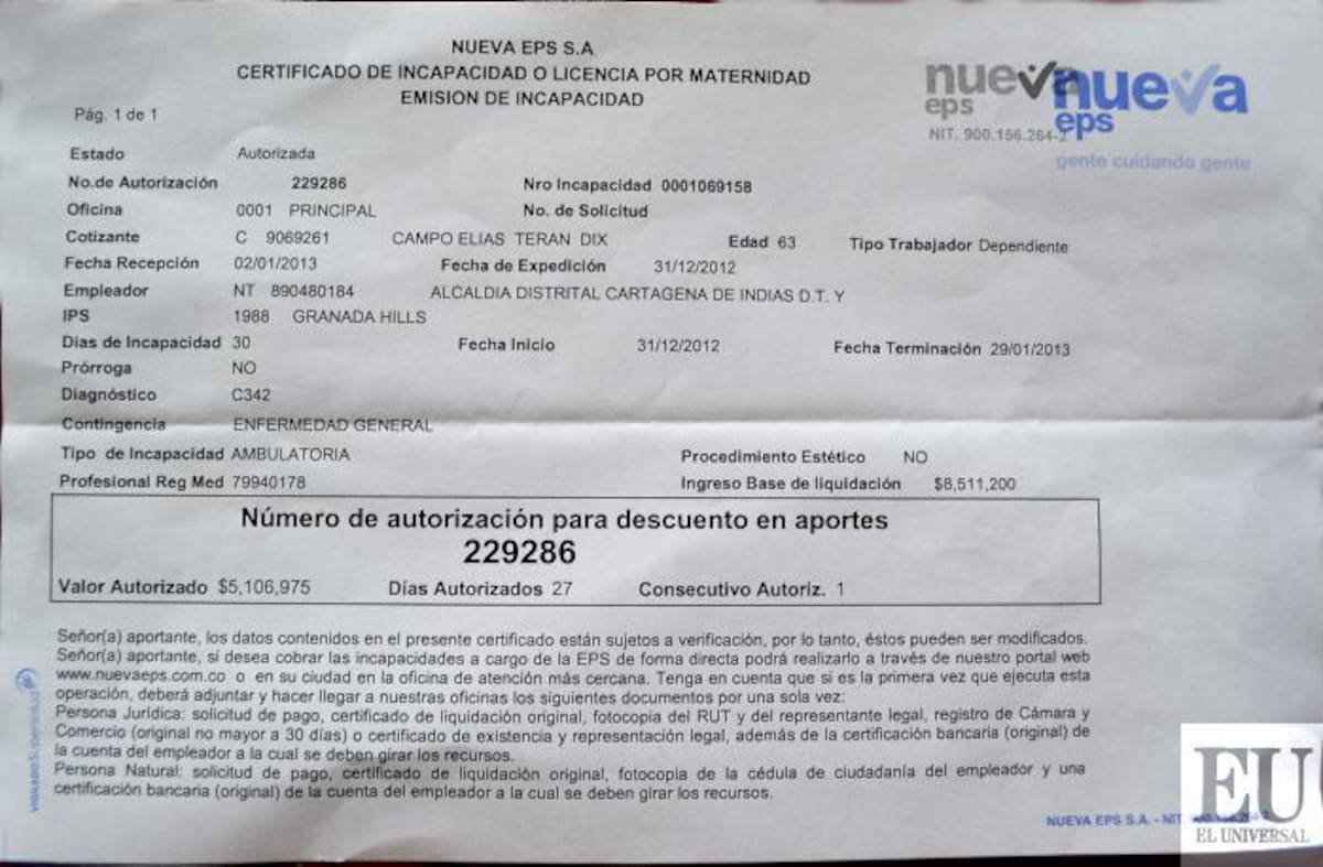 Esta es la incapacidad que le dio la Nueva EPS a Campo Elías Terán Dix por su enfermedad.