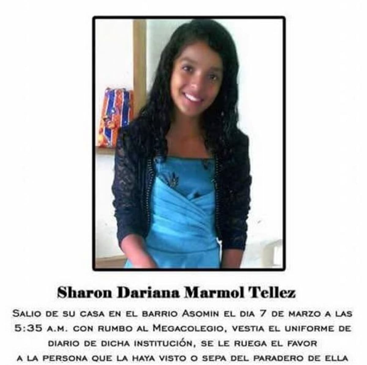 Sharon Dariana Mármol Téllez, niña hallada muerta. Cortesía.