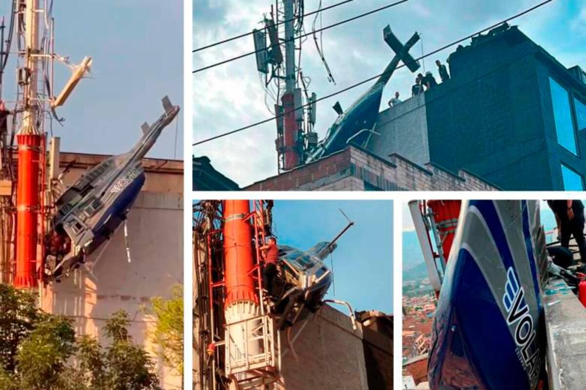 Helicóptero turístico se accidentó y quedó colgando de un edificio en Medellín
