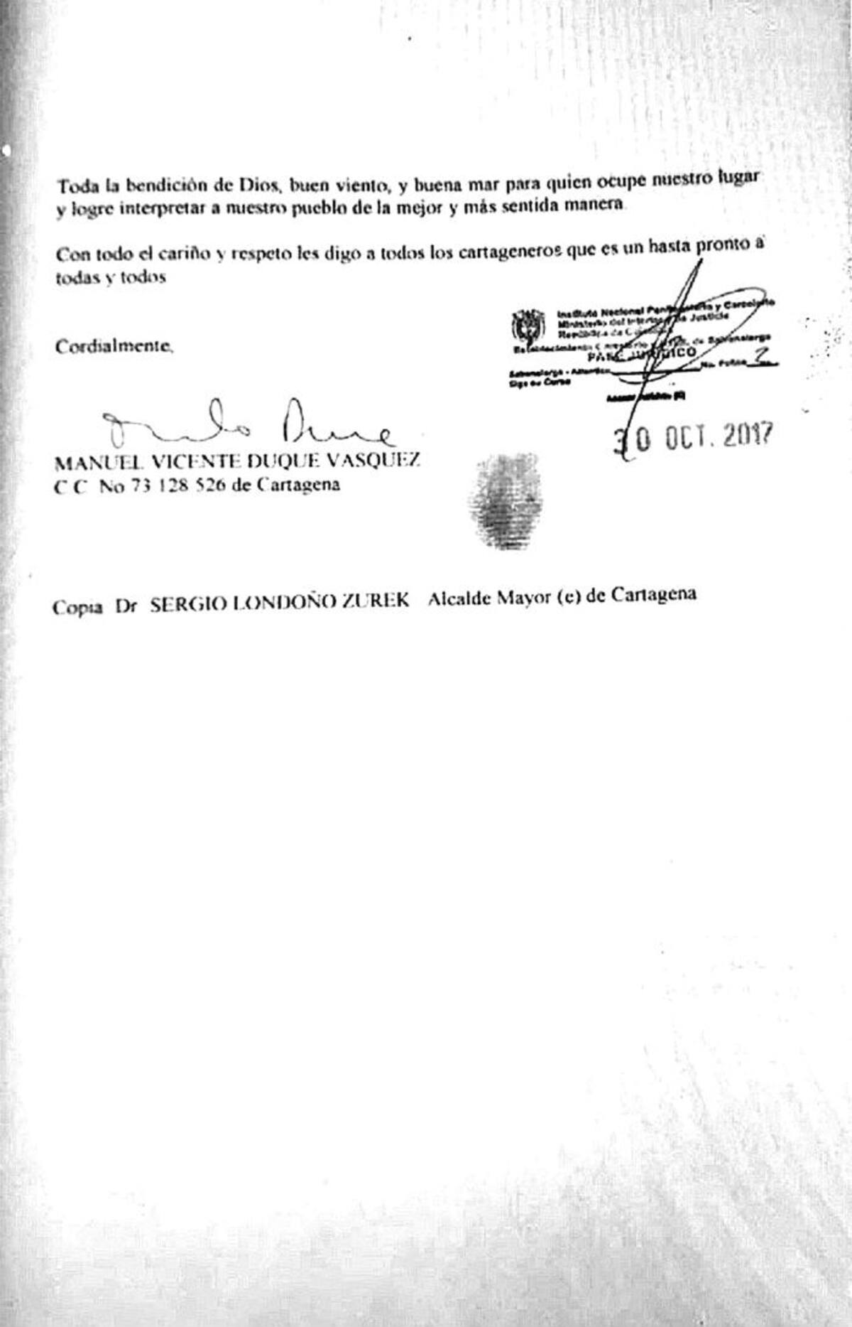 Foto de la segunda cuartilla de la carta que firmó Manolo Duque, y que obtuvo El Universal, en donde deja clara constancia de su irreversible decisión de renunciar al cargo de alcalde titular de Cartagena. Cortesía