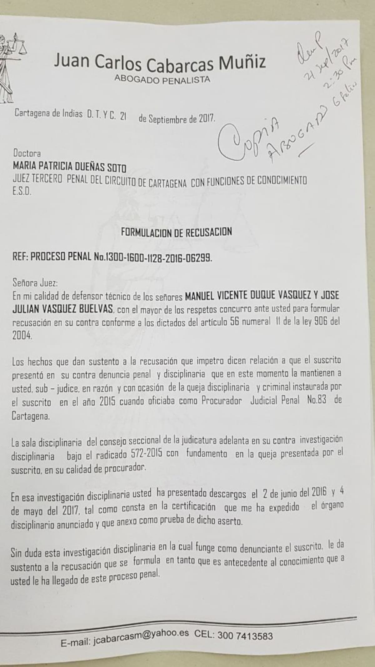 Texto de la recusación contra la juez tercero penal Cortesía
