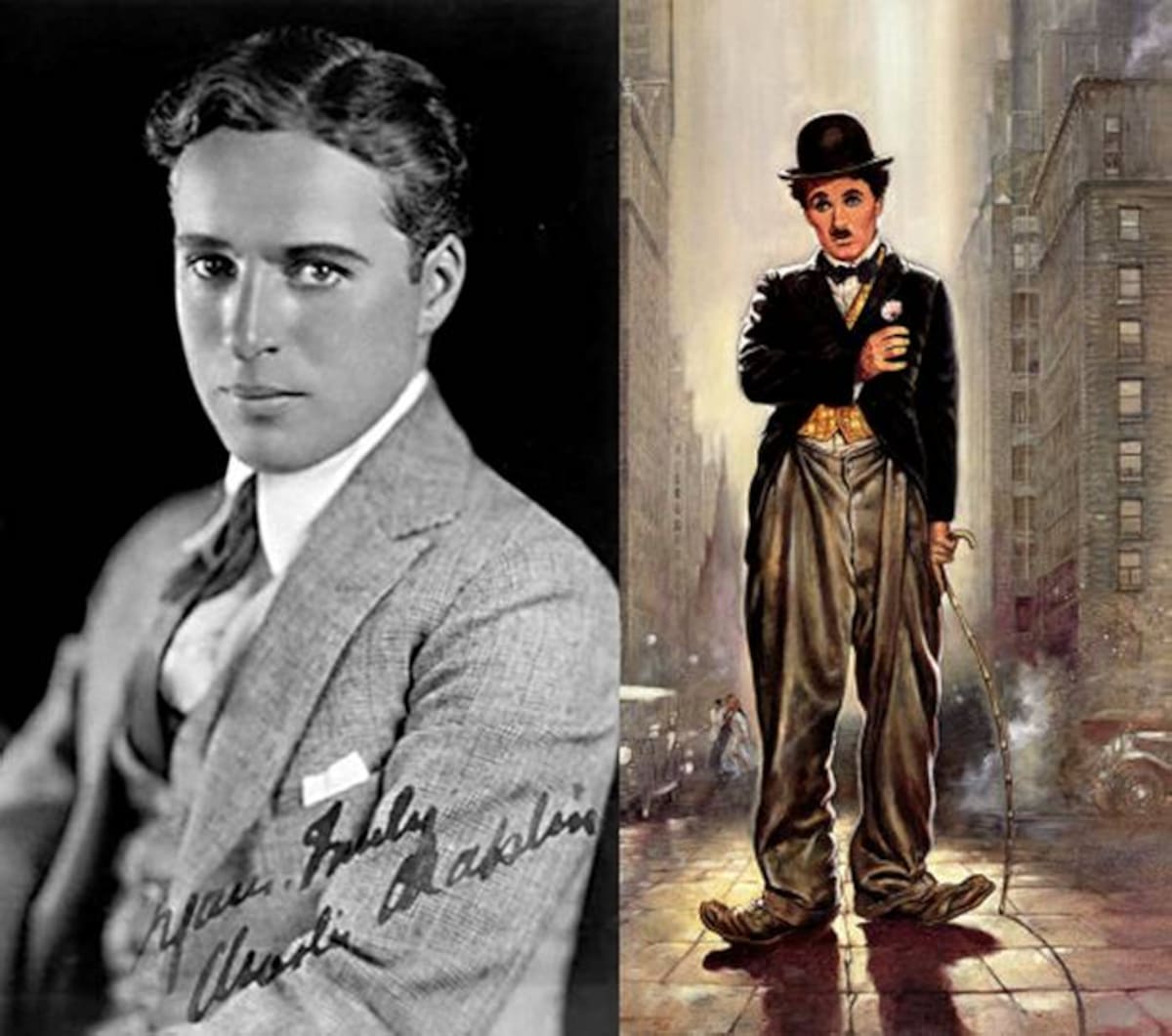 El joven Charles Chaplin junto a su personaje.