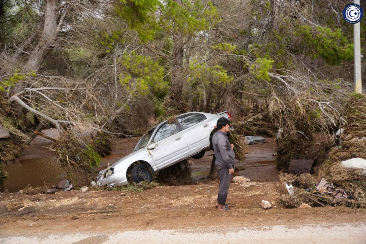 Un vehículo yace sobre un árbol después de ser arrastrado por una inundación. // AP