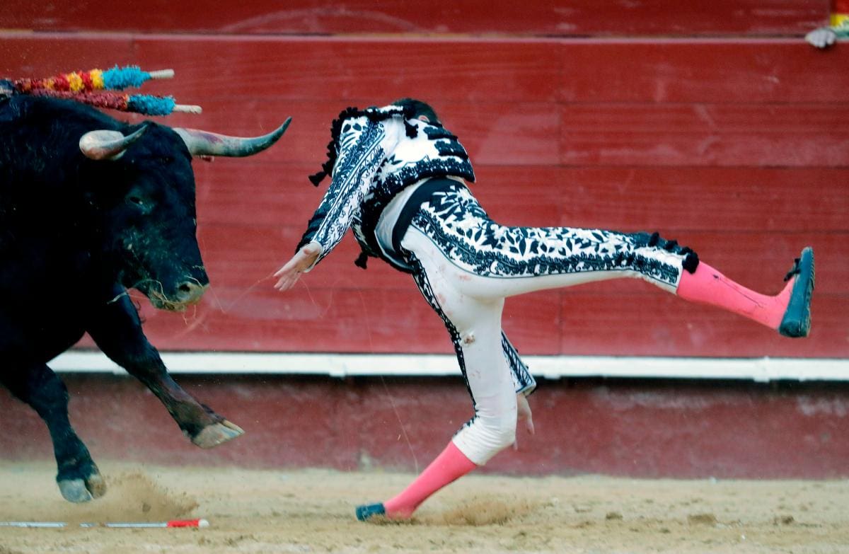 Momento en el que Ponce es corneado durante su presentación en la Feria de las Fallas. // EFE
