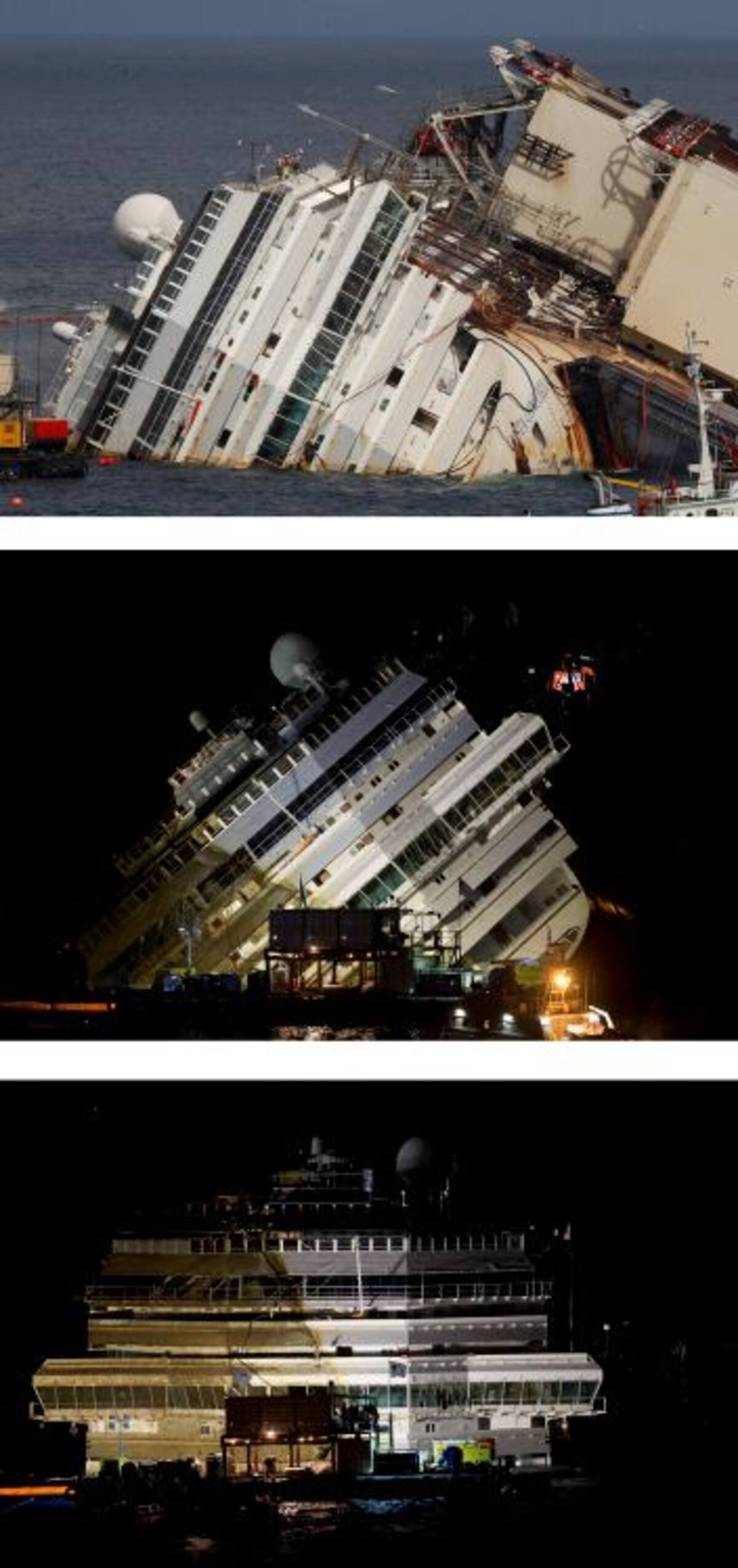 La nave, que tenía 65 grados de inclinación cuando estaba recostado sobre los arrecifes, inició la rotación impulsado por 36 enormes cables de acero enlazadas a torrecillas, instaladas para la ocasión. AP Andrew Medichini
