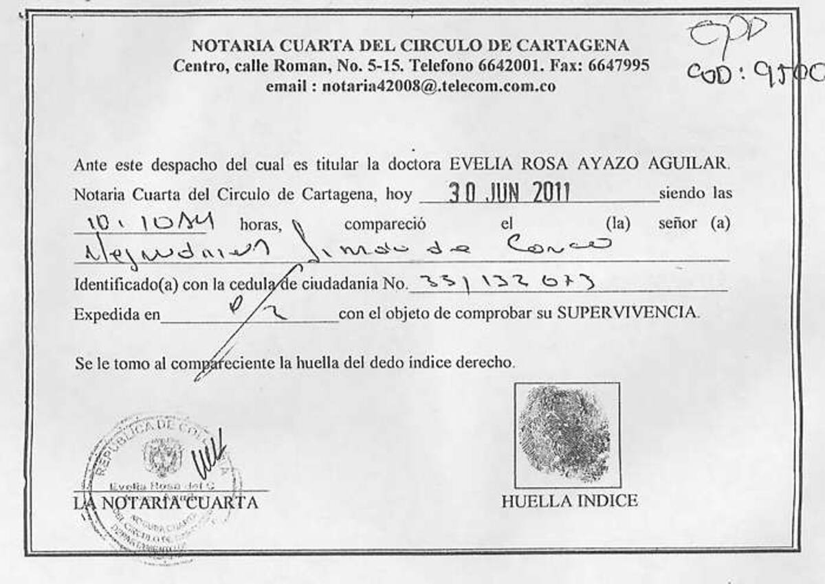 Fascimil de uno de los certificados de supervivencia, supuestamente proferido por la Notaría Cuarta. ANIBAL THERAN TOM-EL UNIVERSAL