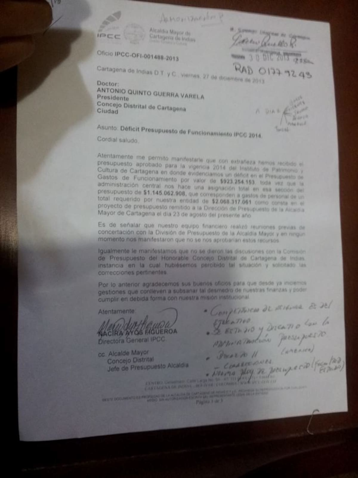 Esta es al polémica carta enviada al Concejo. ARCHIVO
