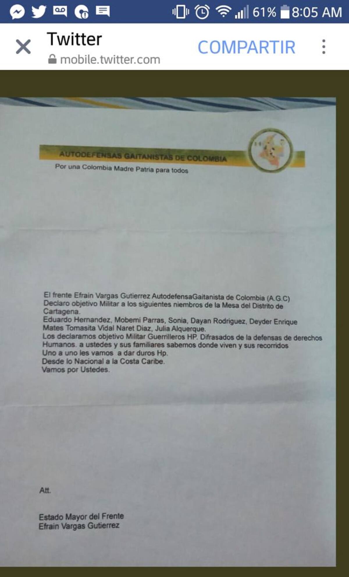 Este es el documento en el que circula las amenazas. Cortesía.