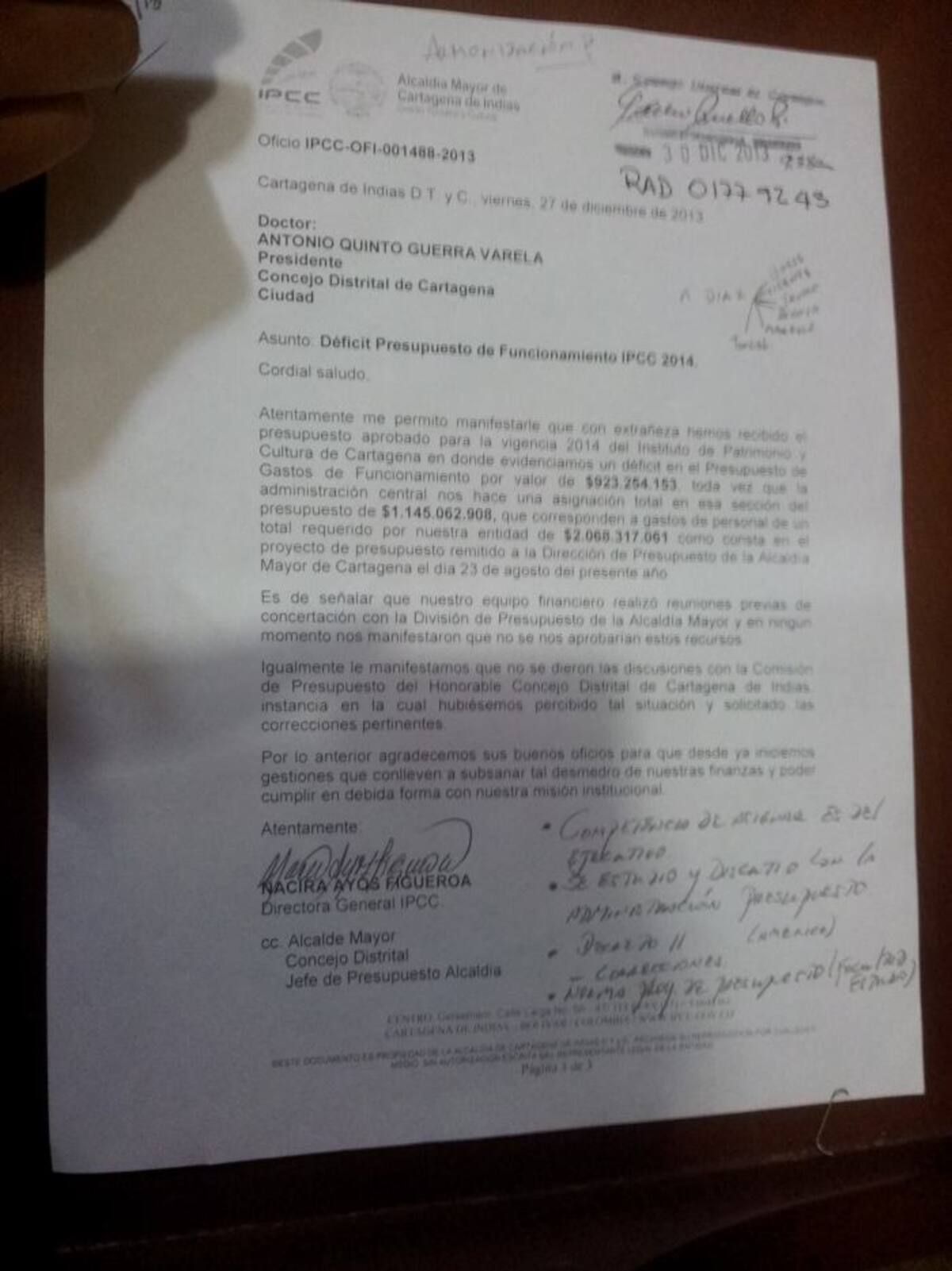 Esta es la carta que envió la Directora de Ipcc al Concejo de Cartagena. EL UNIVERSAL