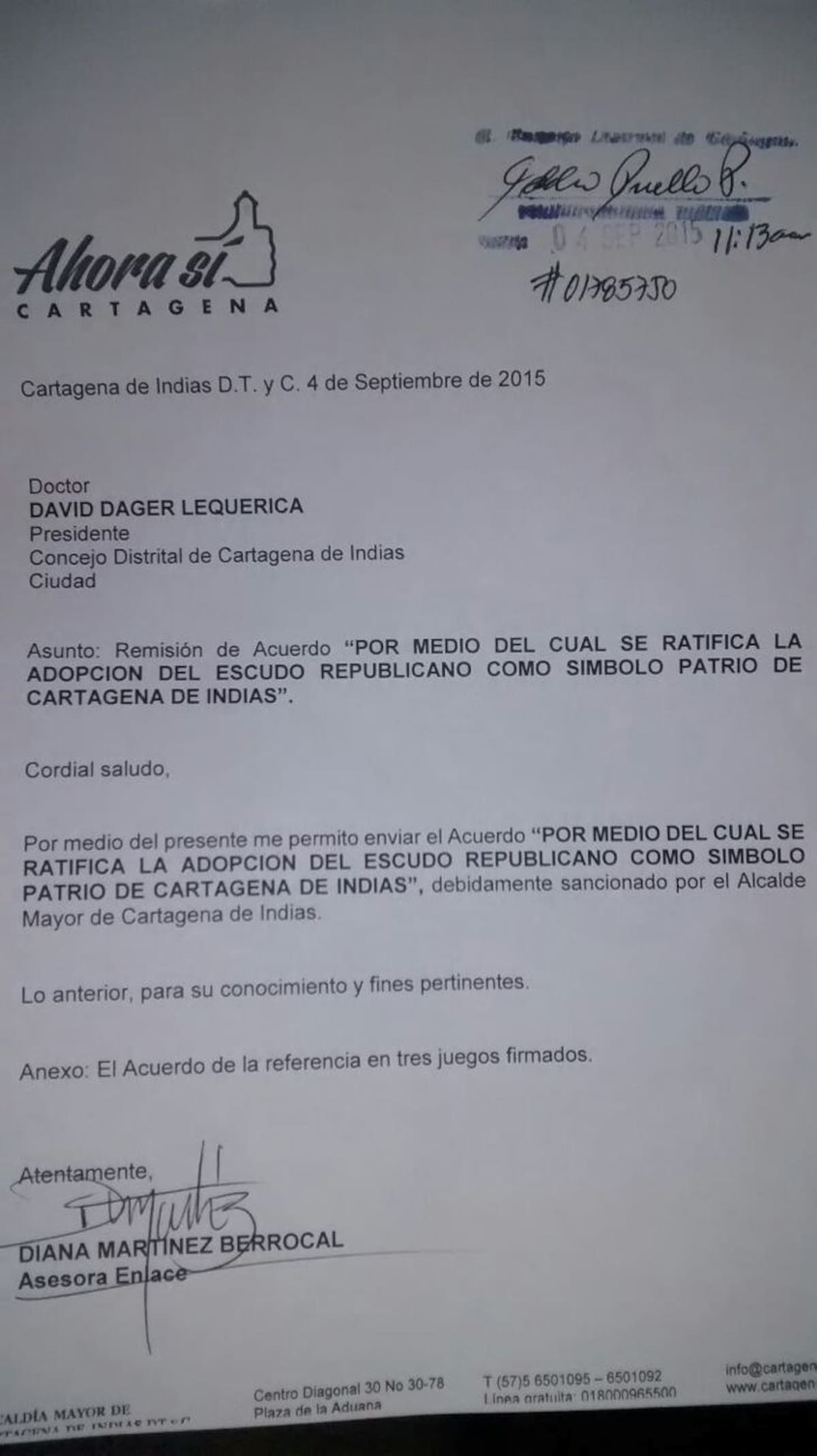Constancia de la sanción del escudo republicano por parte de la Administración Distrital. EL UNIVERSAL