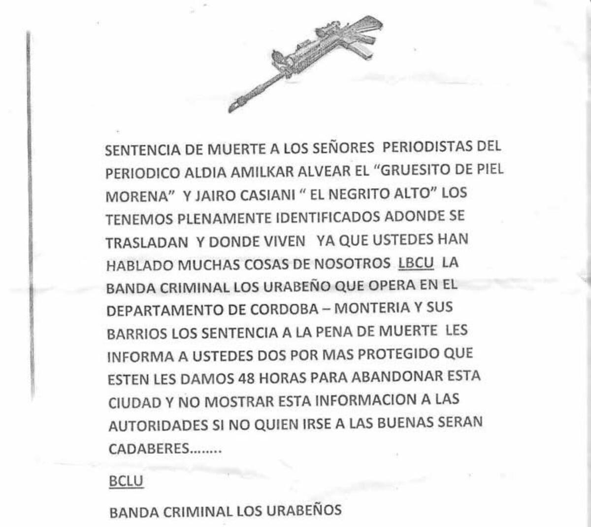 Facsímil de la amenaza a periodistas del diario Al Día.
