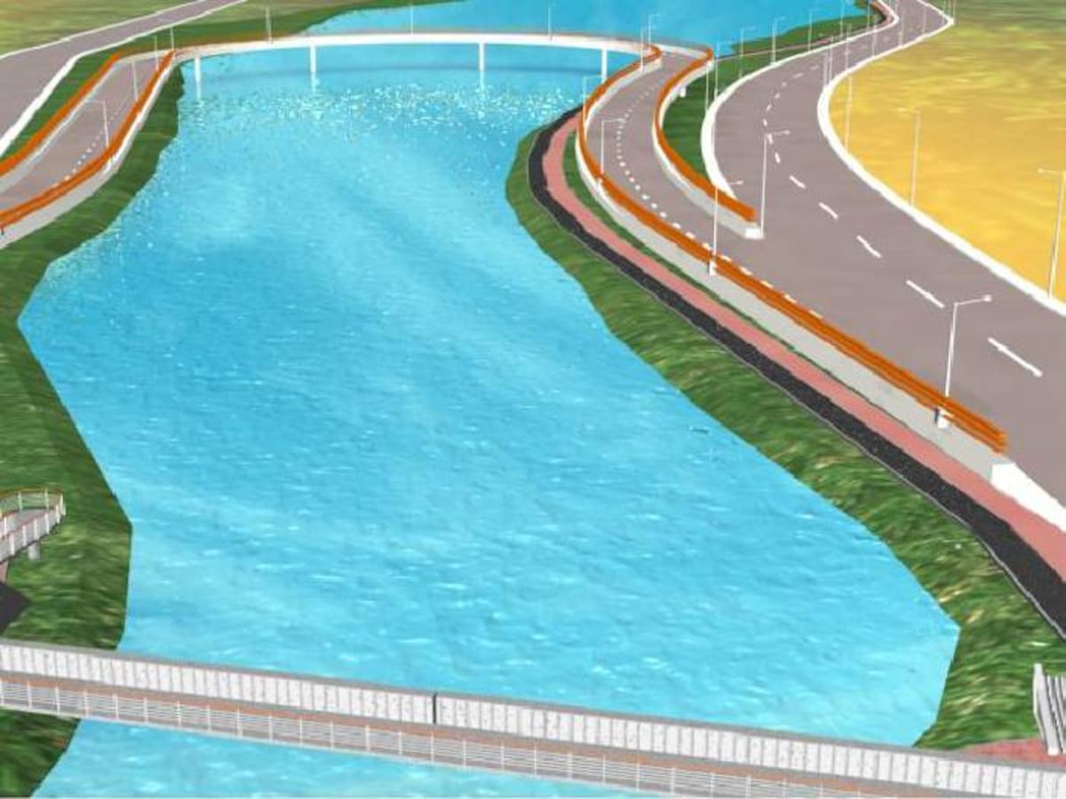 En la parte superior de esta imagen planográfica, lo que sería el Puente Jiménez en su enlace con la Avenida del lago y la proyectada Quinta Avenida de Manga. En la parte baja, un puente peatonal.