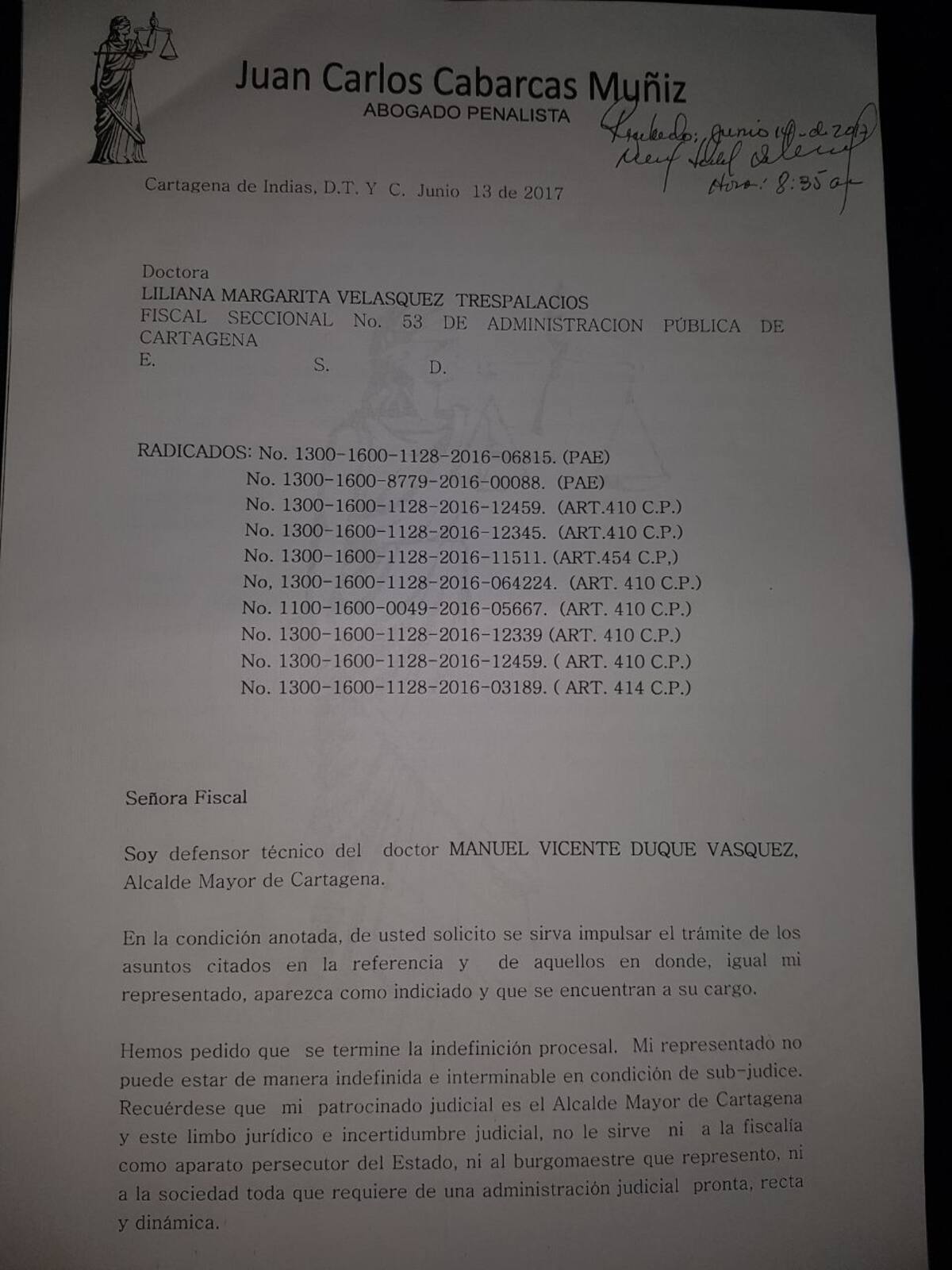 Imagen del oficio radicado en la Fiscalía por parte del abogado defensor de Manolo Duque. Cortesía