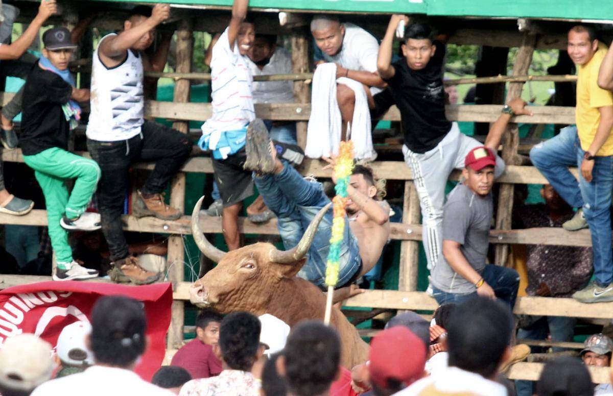 Aficionado salta el toro llamado "El Frijolito", el astado de mayor respeto de la tarde. //Manuel Santiago Pérez.