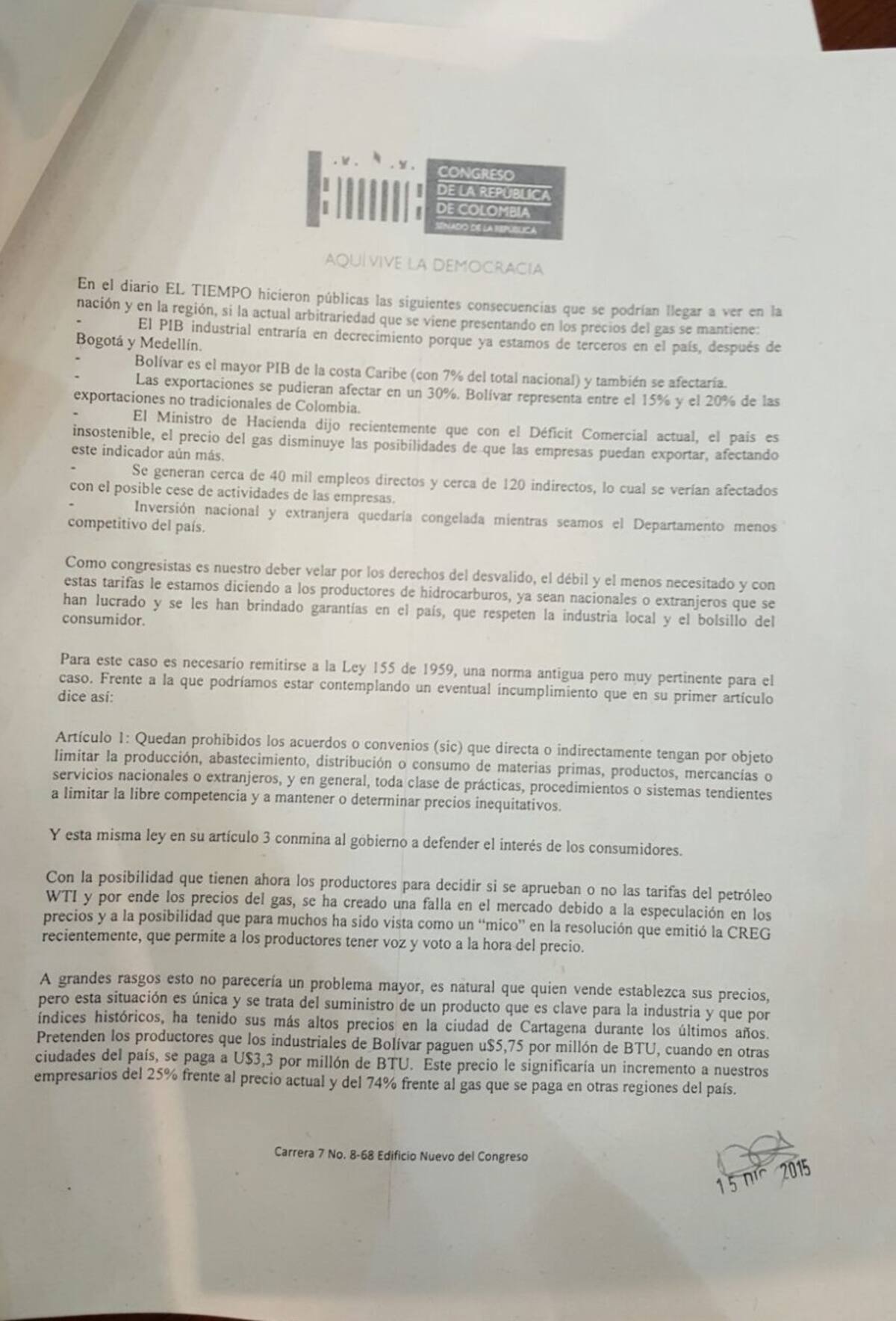 Documento firmado por los congresistas costeños. CORTESÍA