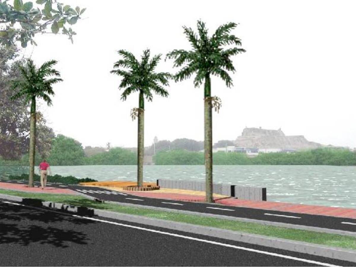 Paseo peatonal y ciclovía, adyacentes a la Quinta Avenida. Al fondo el Castillo San Felipe de Barajas.